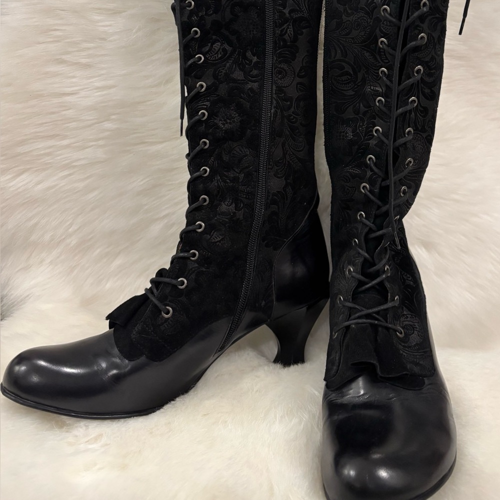John Fluevog Black Lace-Up Boots with Floral Detail
